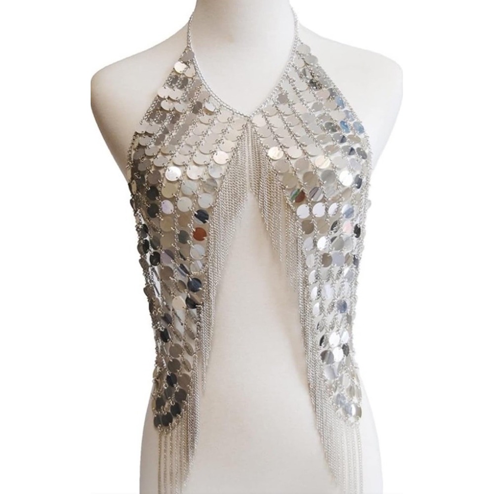 Silver Sequin Chainmail Halter Top Festival Rave Wear Metallic Fringe Disc Tank
